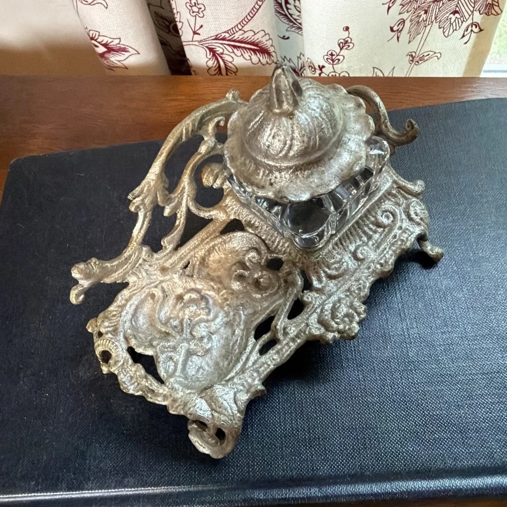 Antique Ornate Glass Inkwell Cast Metal Scroll Stand Victorian Art Nouveau